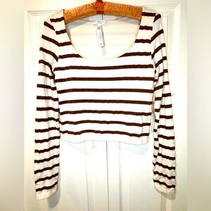 Altar’d State Striped Long Sleeve Crop Top | Ivory & Brown | L/XL | NWT